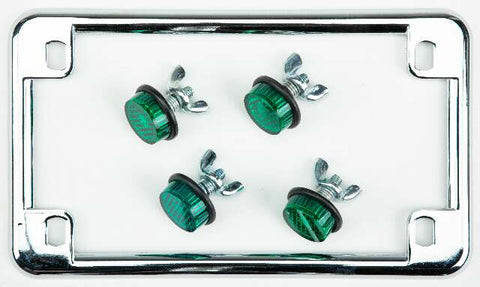 CHRIS PRODUCTS LICENSE PLATE FRAME W/4 GREEN REFLECTORS CHROME 0604
